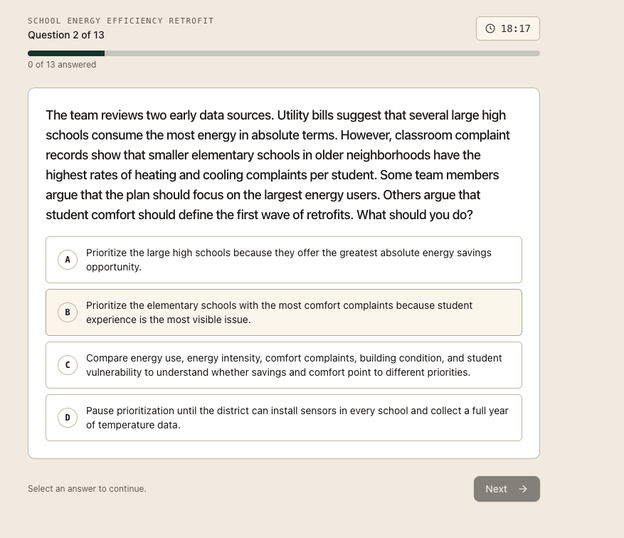 Our Sustainable Futures Lab practice — questions 2–13 are scenario-based multiple choice