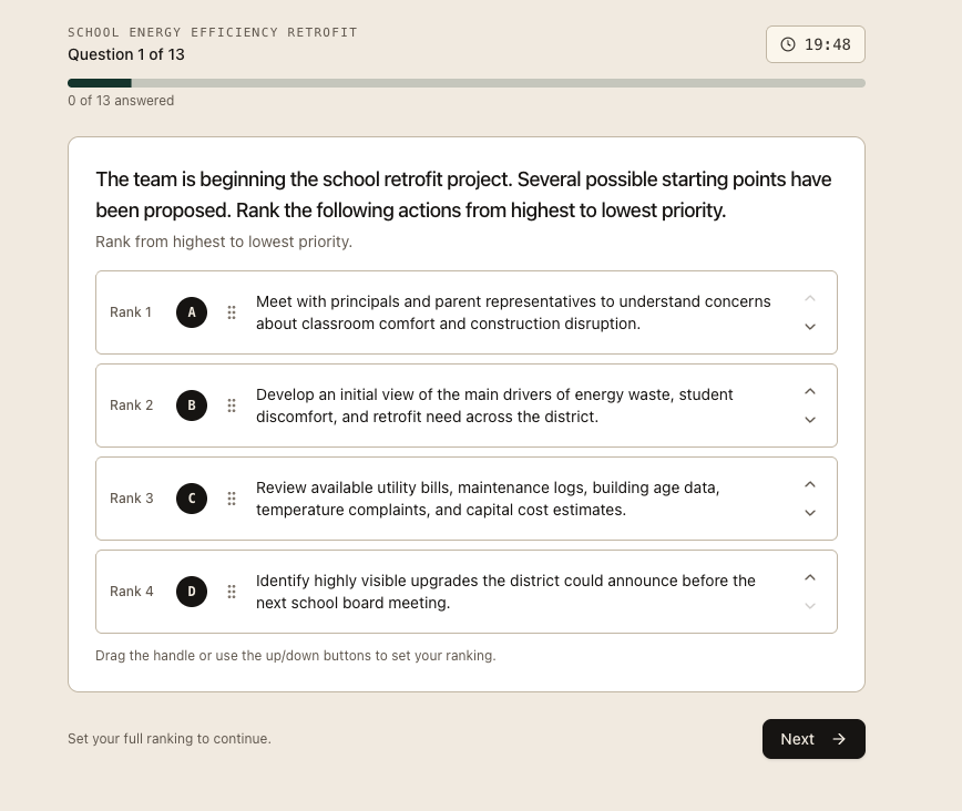 Our Sustainable Futures Lab practice — question 1 is a drag-and-drop ranking task