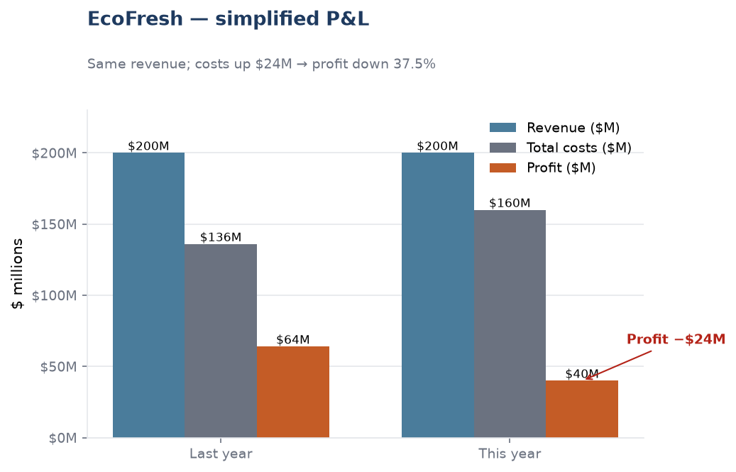 EcoFresh simplified P&L — revenue flat, costs up, profit down