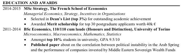 Example of the Education section of a consulting resume